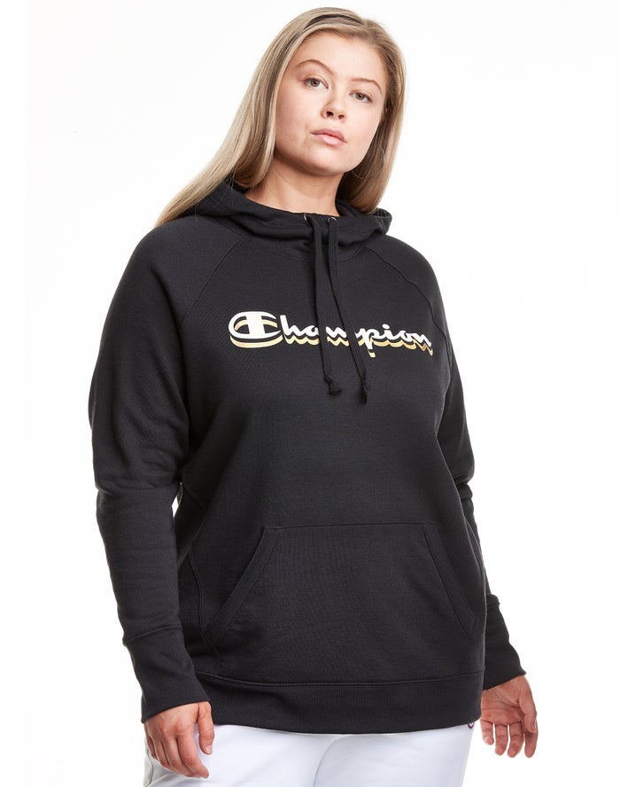 Champion Dame Hættetrøje Sort - Plus Powerblend Fleece Drop Shadow Foil Script Logo - Danmark GDL-32